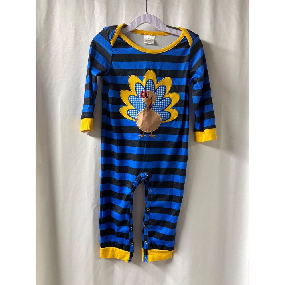 Turkey Appliqué One Piece Romper NWOT 24 months. Royal‎ & Black Striped.